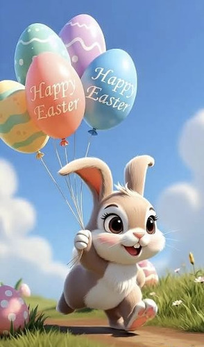 Cartoon bunny running with balloons reading Happy Easter