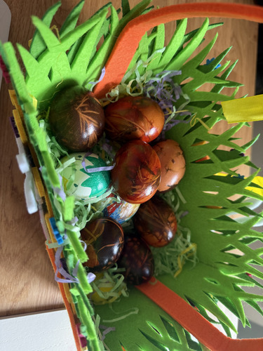 Basket of dyed and patterned Easter eggs