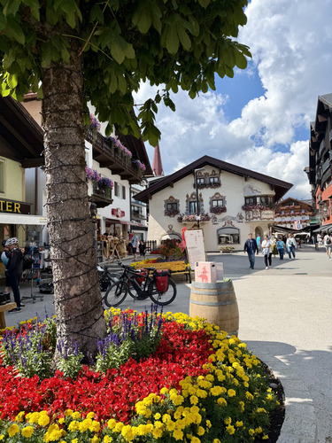 Pedestrian street with a tree, colourful flower bed and painted buildings